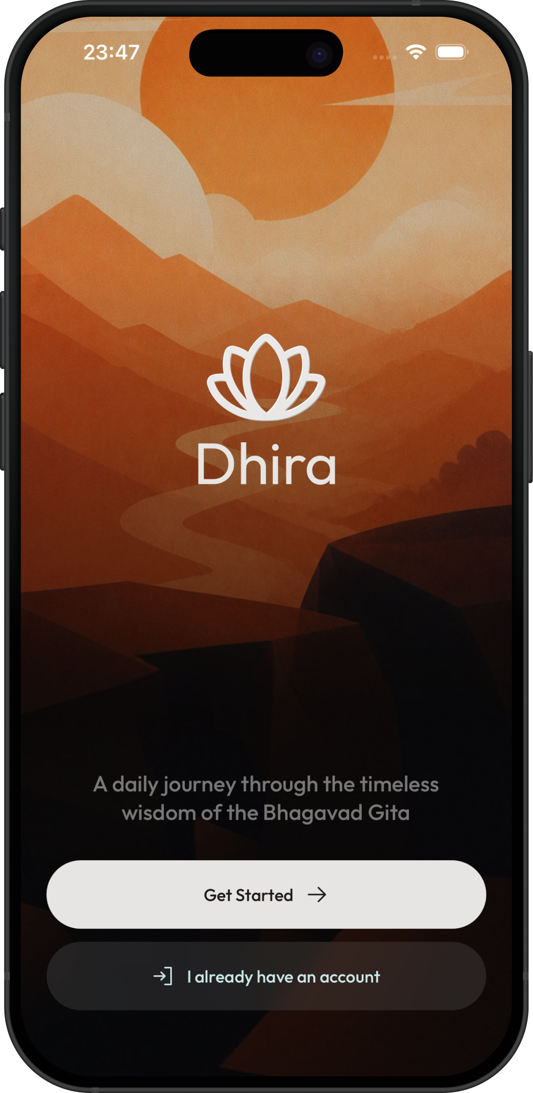 Dhira app welcome screen — Krishna in the grove with the tagline A daily journey inward